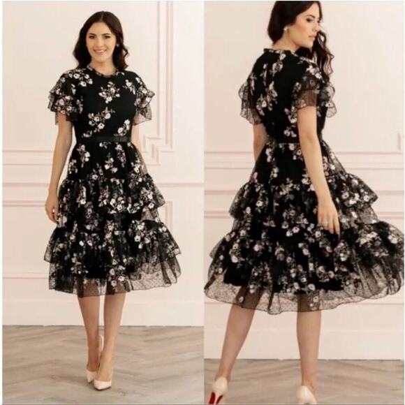 EUC Rachel Parcell Black Floral Embroidered Tiered Mesh Dress - Picture 2 of 5